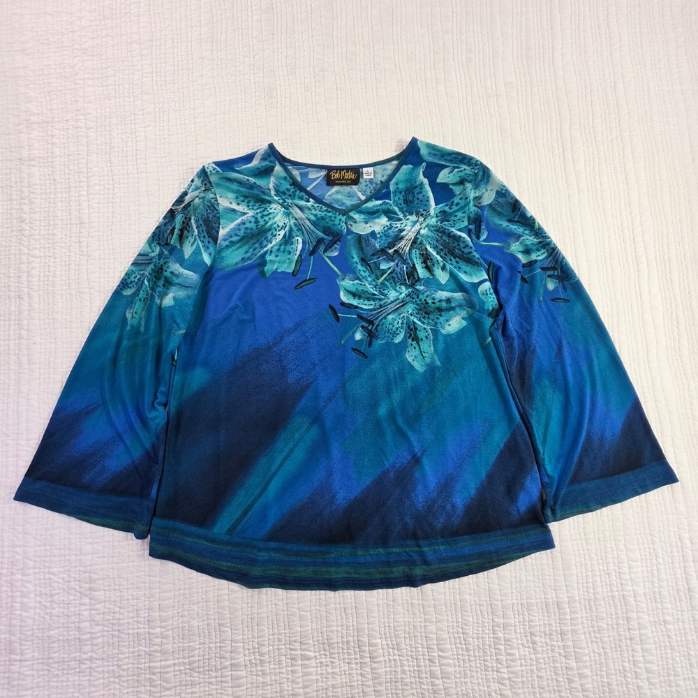 Bob Mackie Wearable Art Blue Teal Floral Lily V-Neck Long Sleeve Blouse Top L